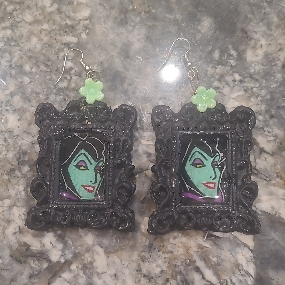 Black and Green Villain Frame Earrings